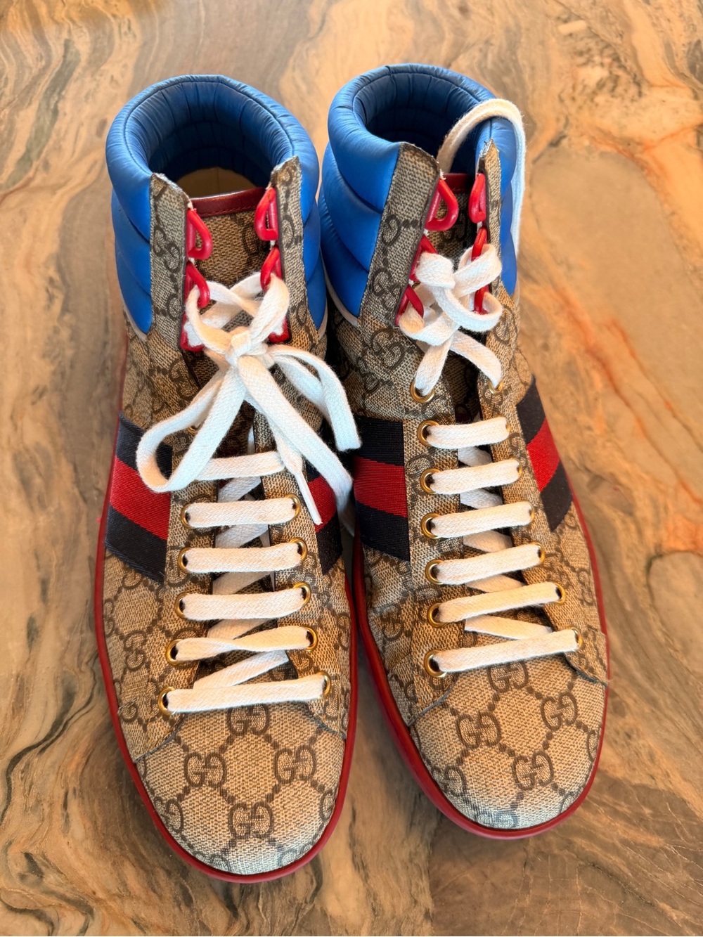 Gucci Brown Monogram High-Top Sneakers with Blue Collar and Red/Black Stripe